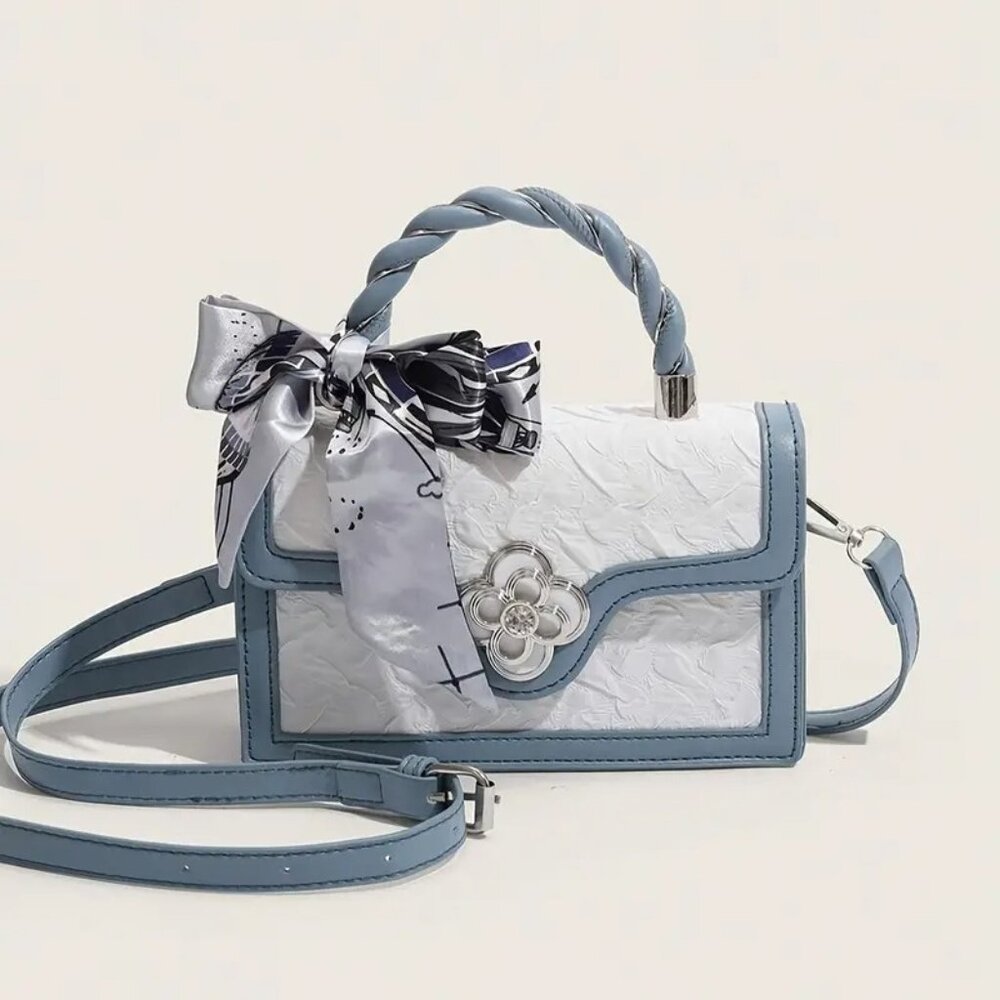 Chic Baby Blue/White Textures Floral Mini Crossbody Top Handle Bag w/Twilly - Picture 5 of 7